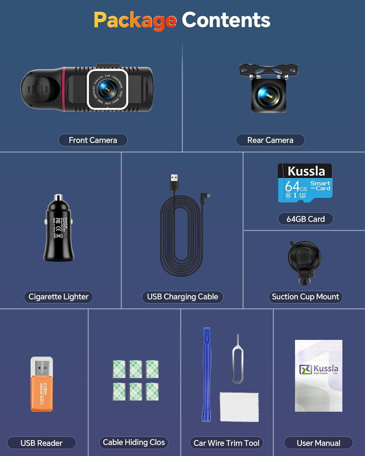 Dash Cam Front and Rear inside 3 Channel Dashcam 1080P with 64GB Card
