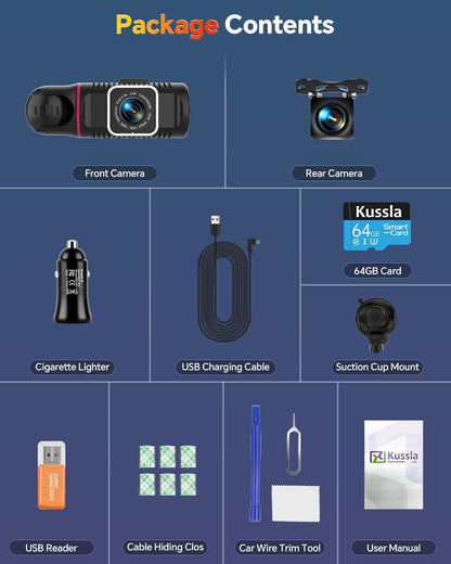 Dash Cam Front and Rear inside 3 Channel Dashcam 1080P with 64GB Card