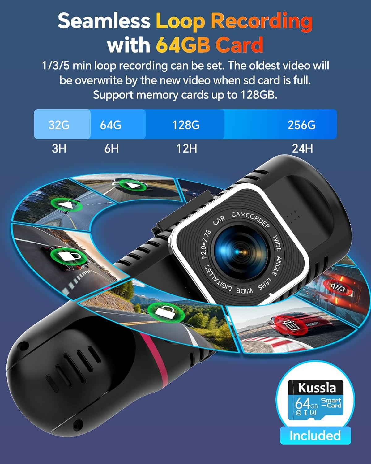Dash Cam Front and Rear inside 3 Channel Dashcam 1080P with 64GB Card