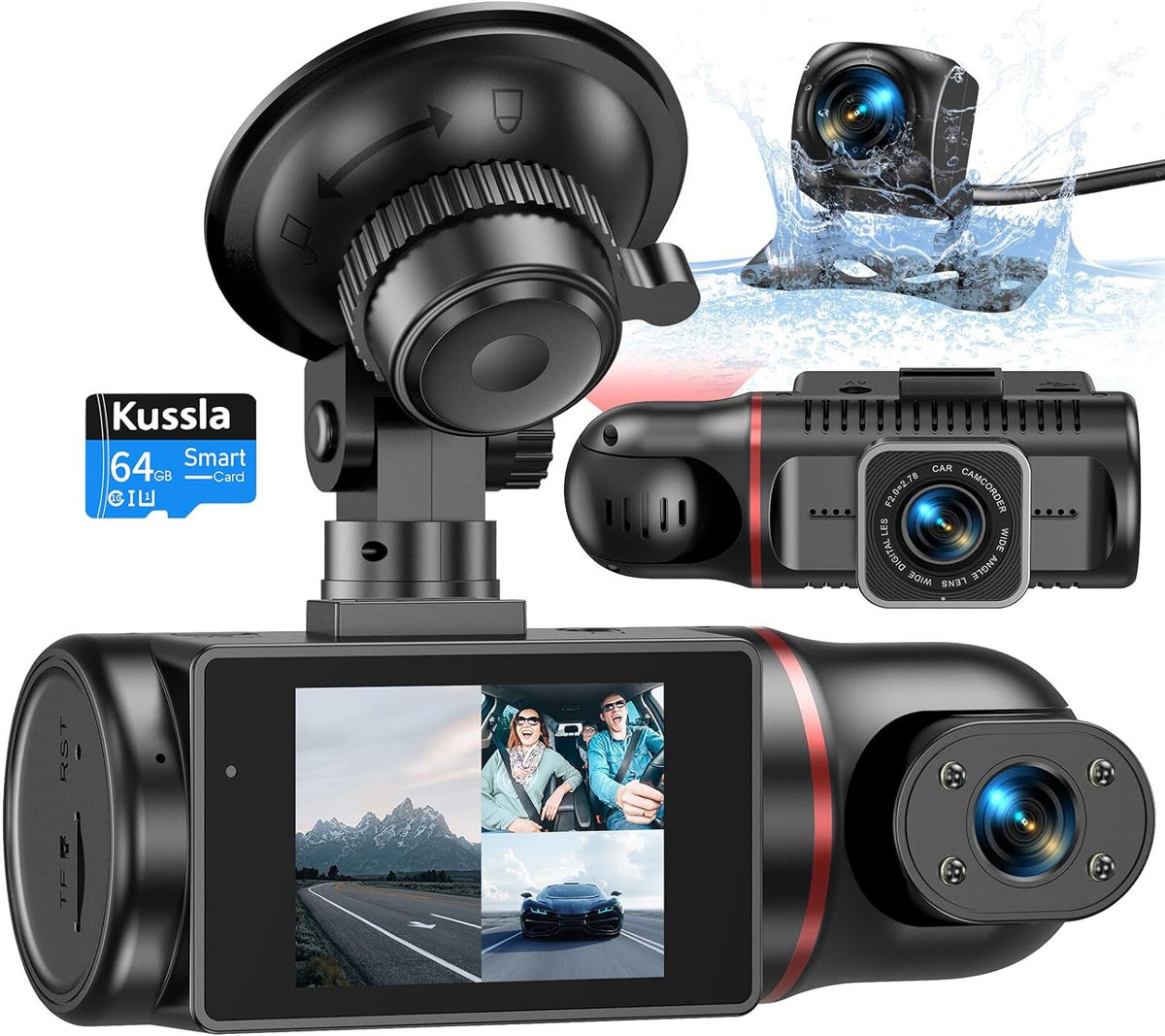 Dash Cam Front and Rear inside 3 Channel Dashcam 1080P with 64GB Card