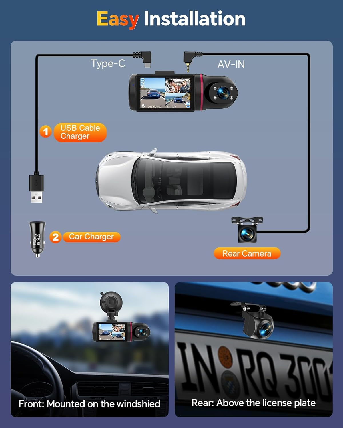 Dash Cam Front and Rear inside 3 Channel Dashcam 1080P with 64GB Card